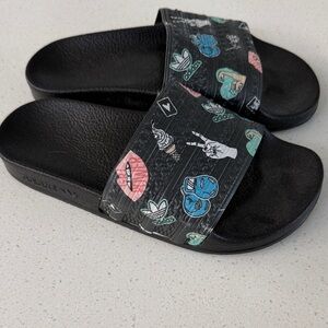 kids Adidas Black Slides with Colorful Graphic Accents